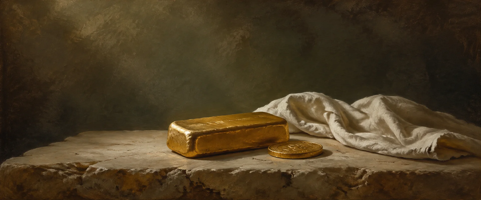 Nature morte peinte : un lingot et une pièce d’or sur une pierre claire, près d’un linge