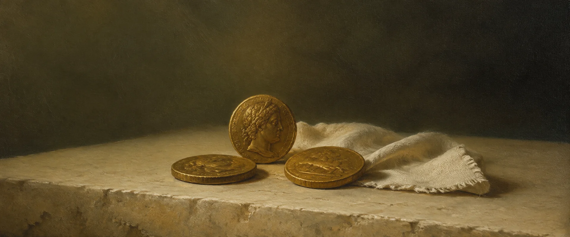 Nature morte peinte : trois monnaies d’or sur une pierre claire et un linge ivoire.