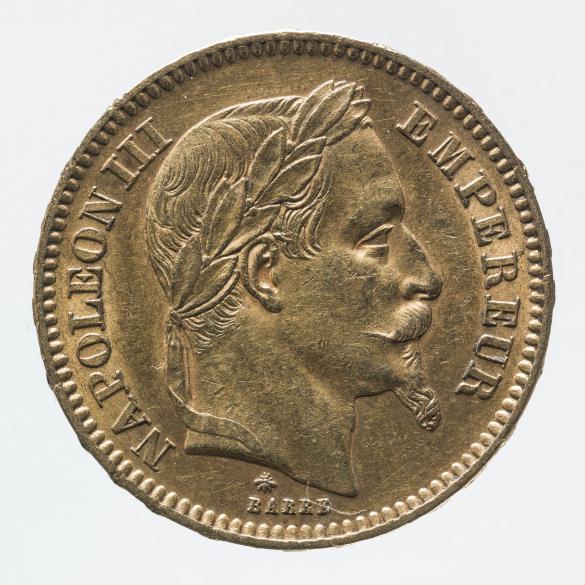 Portrait de Napoléon III portant une couronne de laurier sur une pièce de 20 francs de 1866.