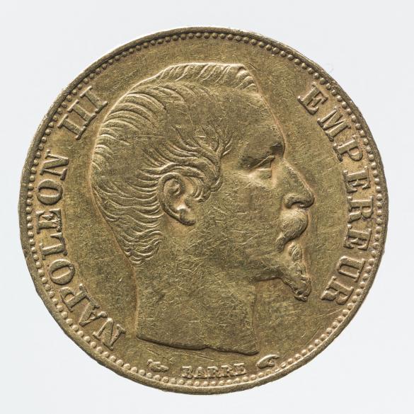 Portrait de Napoléon III sans couronne sur une pièce de 20 francs de 1859.